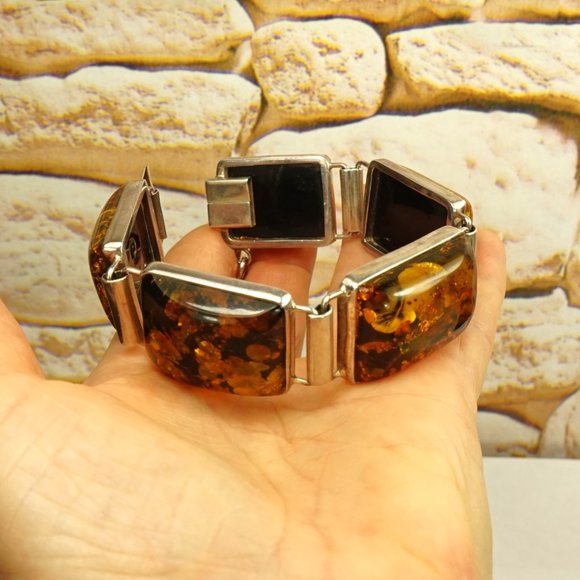 AMBER and 925 SILVER HEAVY LINK BRACELET 8 inch, Chunky BRACELET, UNISEX GIFT - Picture 2 of 10